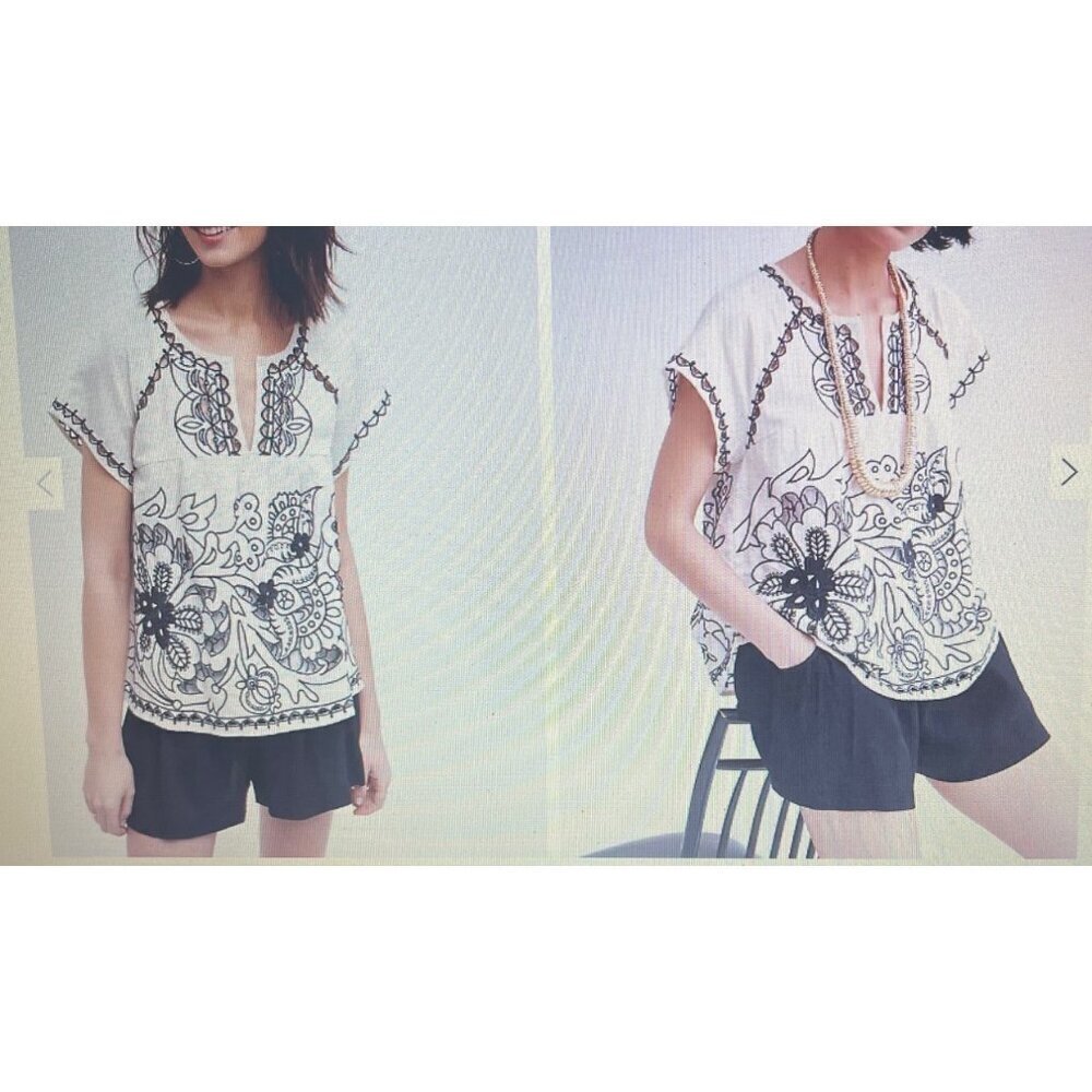 Anthropology Women S White & Black Embroidered Bohemian Linen/Cotton Top Blouse